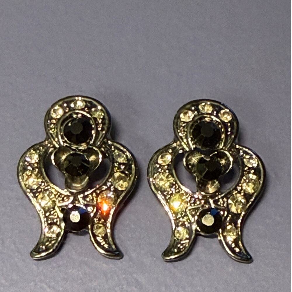 2 Gothic Baroque Rhinestone Buttons Black Antiqued Silver Double Shank 1.25"